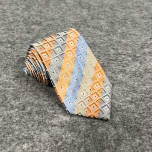 Kenneth Cole Reaction Tie Orange Gray & Blue 100% Silk Striped‎ Necktie